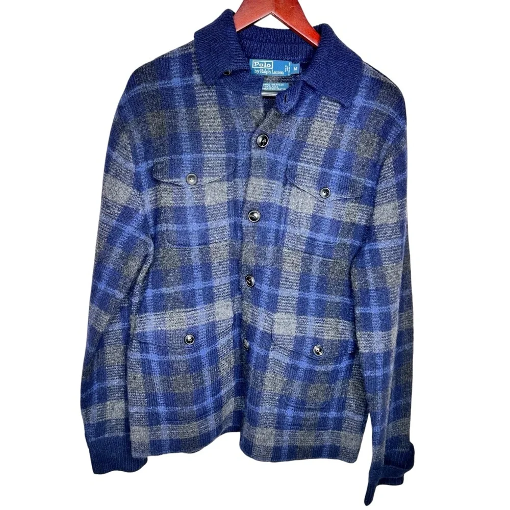 Vintage 80s Polo Ralph Lauren Plaid Wool & Alpaca Cardigan Sweater Jacket Blue